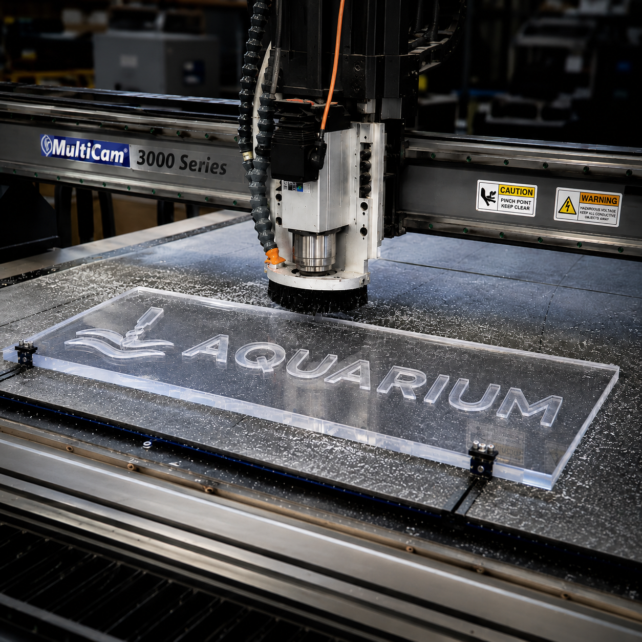 Máquina da Aquarium usinando uma peça de acrílico com a marca Aquarium